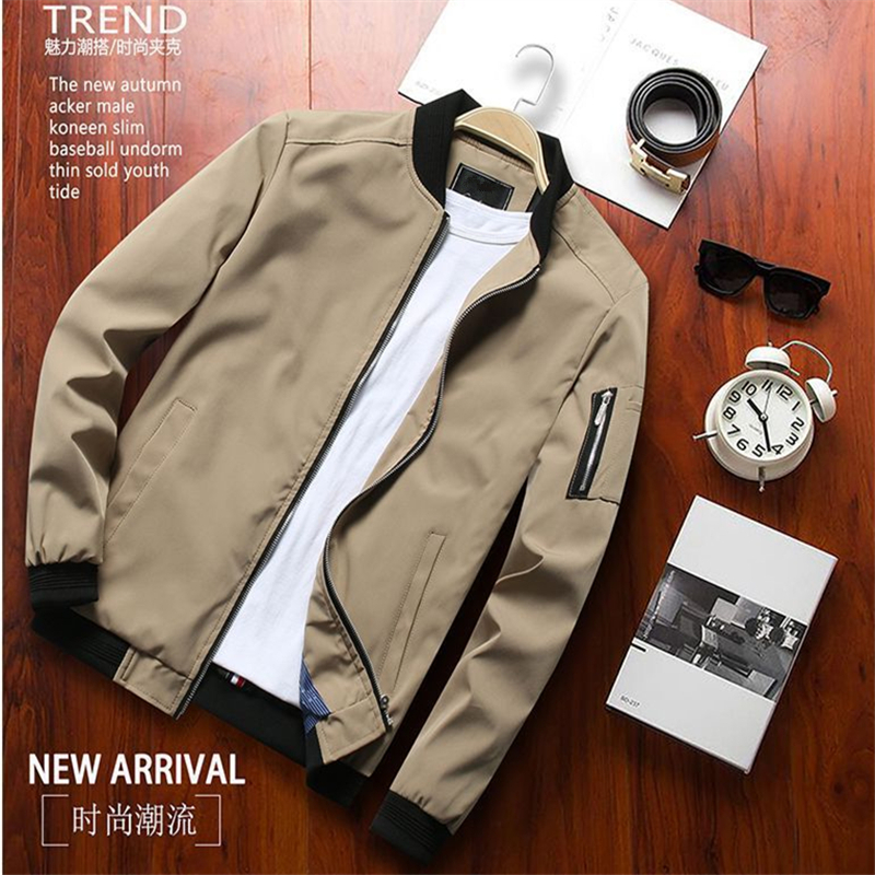 Homens jaqueta bomber fina manga longa jaquetas de beisebol dos homens blusão com zíper jaqueta masculina outwear roupas de marca: M / Cáqui