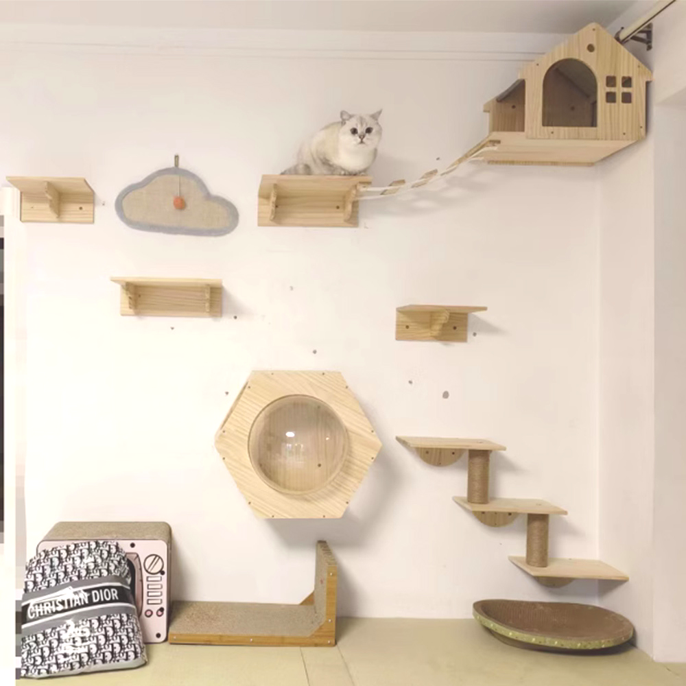 Wandgemonteerde Krabpaal Houten Planken Krabpalen Klimmen Kat Zitstokken Hangmat met Stappen en Ladder Houten Huisdier Meubels