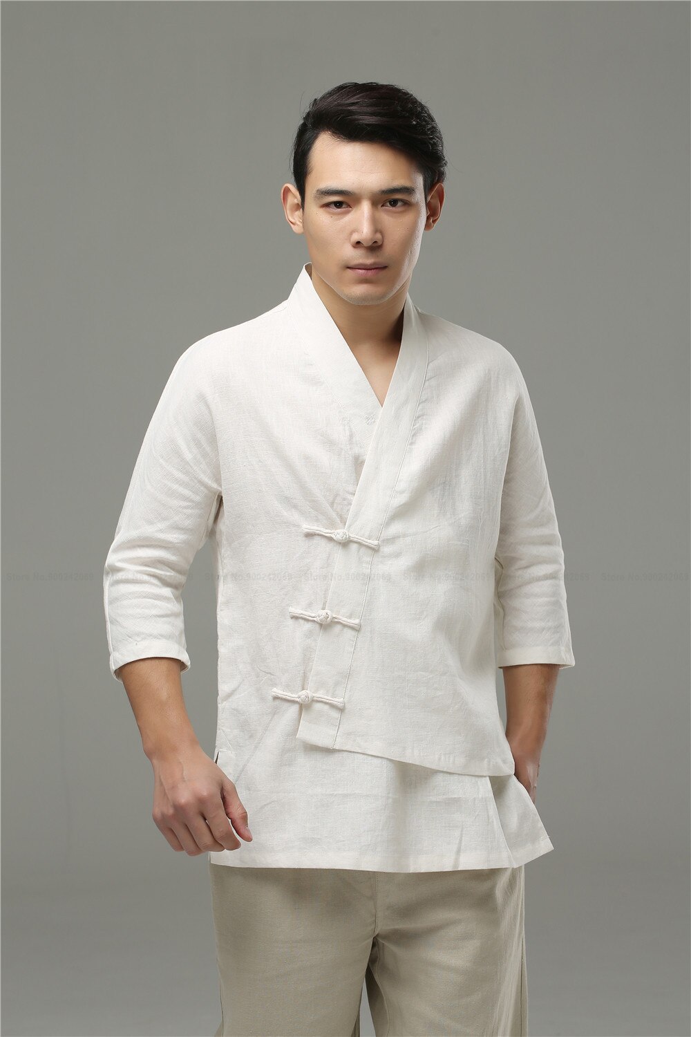 Camisa de estilo tradicional chino para hombre, ropa suelta de lino, informal, étnico, Hanfu, Túnica, Té Zen, Kung Fu, blusa Retro antigua: White Tops / XL