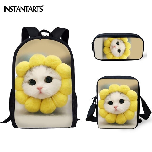 Instantarts kat humor 3d tryk børn skoletasker drenge piger studerende rygsæk lynlås stor taske crossbody taske blyant taske sæt: Hmc 382 cek