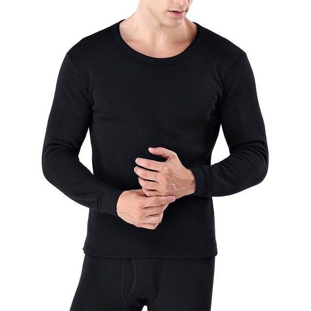 2Pcs/Set Oversize Men Winter Solid Long Johns For Male Warm Thermal Bottoming Underwear Set Multicolor 3XL: Black / XXXL