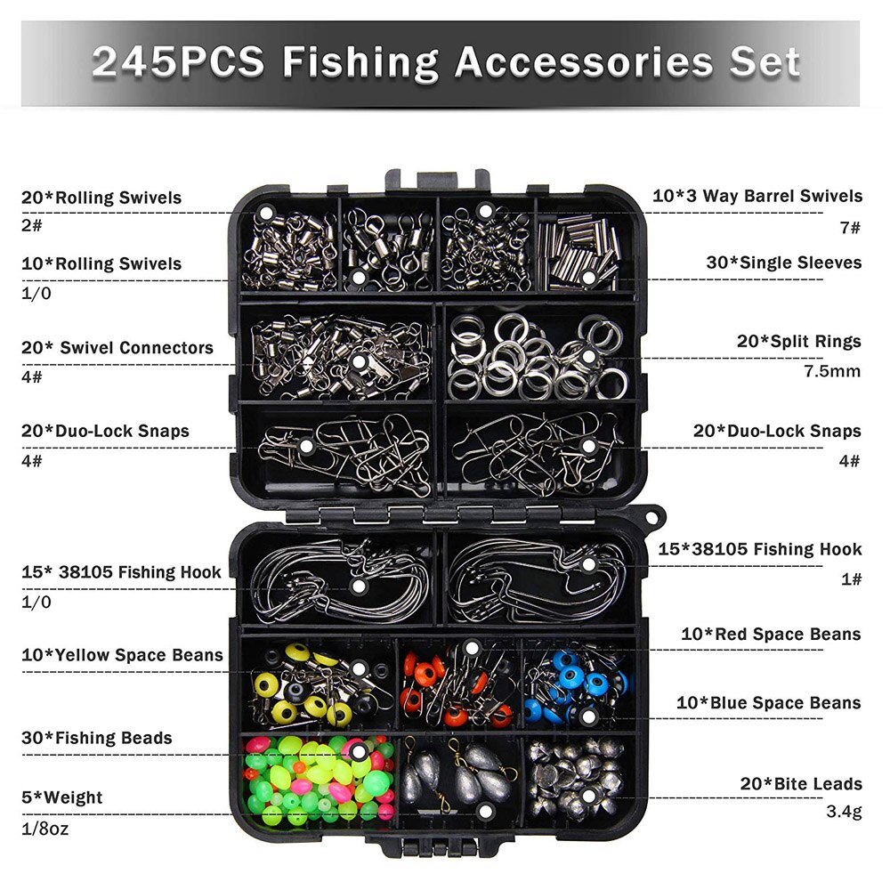 245Pcs/Box Fishing Accessories Kit Including Fishing Hooks Beads Swivels Snap Sinker Weight Fishing Terminal Tackle