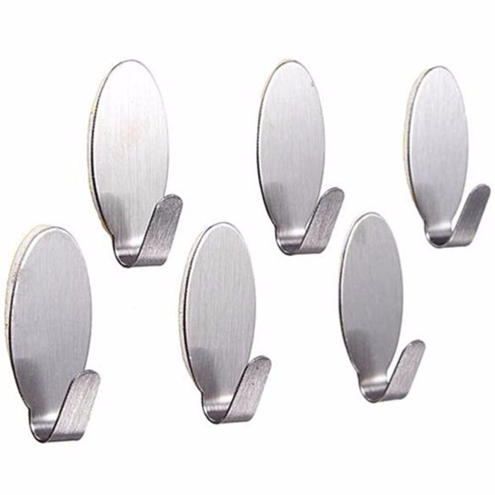 6PCS Stick On Silver Hook Strong Self Adhesive Sticky Coat Hat Metal Hanger Home Bathroom Kitchen Stainless Steel Holder