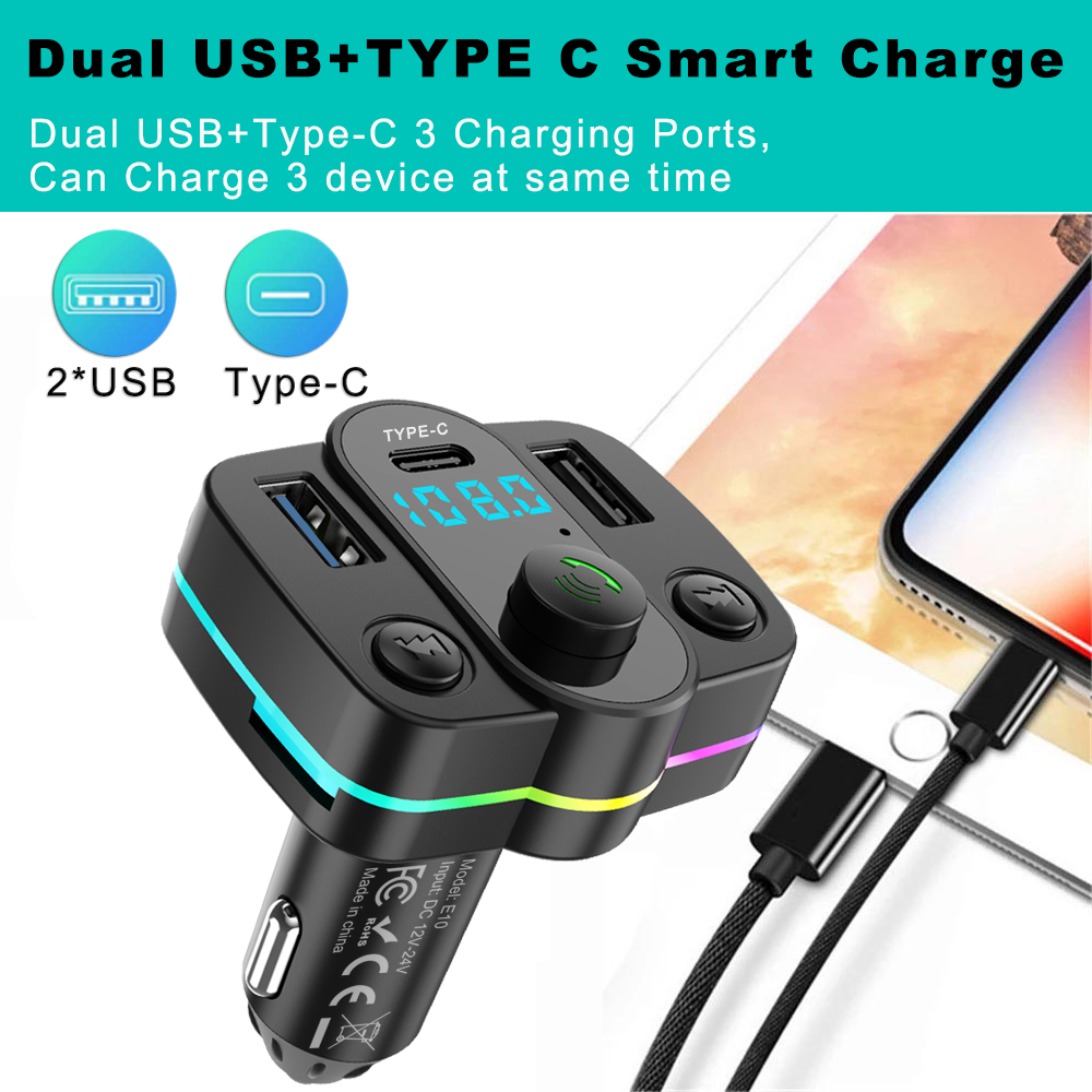 Bluetooth FM Transmitter Car MP3 Player Dual USB Type C Car Charge & Call Hands-Free for Safe Car Auido Receiver