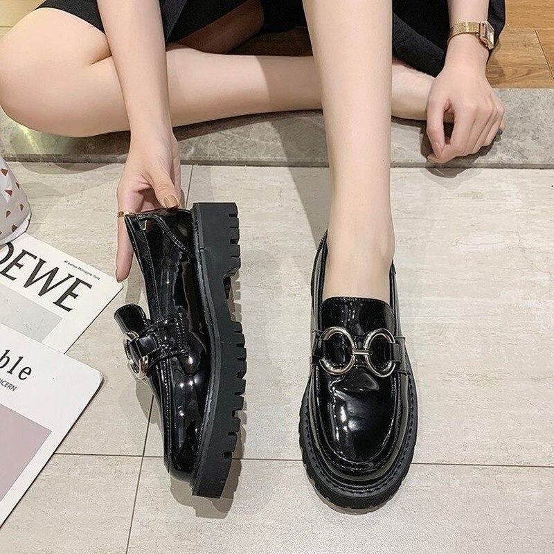Zapatos Oxford con hebilla de Metal para mujer, zapatos de mujer de piel sólida, tacones medios cuadrados, zapatos informales de punta redonda, zapatos planos de talla grande