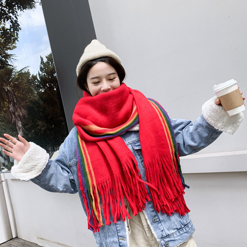 Novo designer arco-íris cachecol de caxemira feminino inverno quente xales pashmina macio listrado senhoras borla longo envoltório