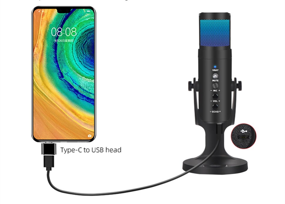 Type C Lightning Usb Condensator Microfoon Voor Telefoon Pc Live Karaoke Opname PS4 Game Microfoon Met Geluidskaart Rgb Licht: Type C head