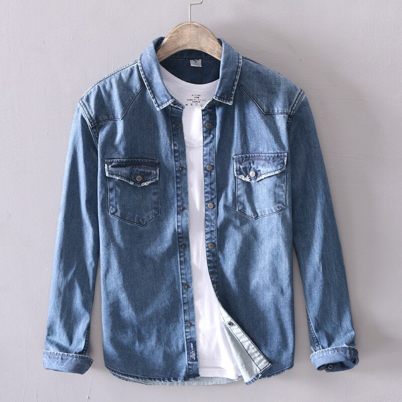 Menn uformelt denim skjorte slank bomull langermet vår solide myke topper herre grå denim skjorte chemise homme