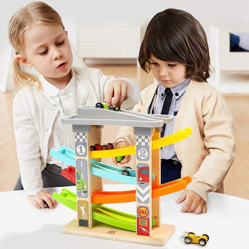Baby bil leksak för 3-6 år gammal , 4 mini bil träspår ramp ramp racing spel, lämplig för pojkar och flickor