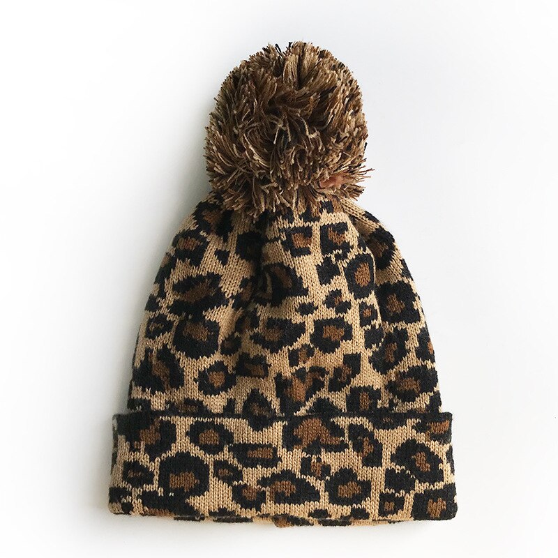 Leopard mössor dam höst vinter plysch boll hatt tryckt varm tjocka stickad huvudbonad keps: Kaffe