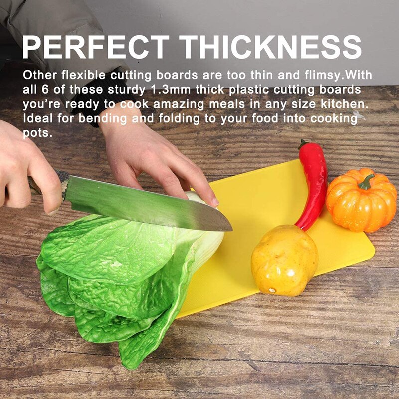 6 Pcs Chopping Board Flexible Plastic BPA Free Antibacterial Colour Coded Non-Slip for Fish Bread Vegetable Fruit Kitchen Tools