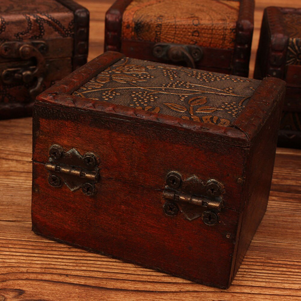 Vintage Small Wood Flower Coin Pattern Box Jewelry Bracelet Storage Holder Makeup Organizer Box Jewelry Treasure Chest Case