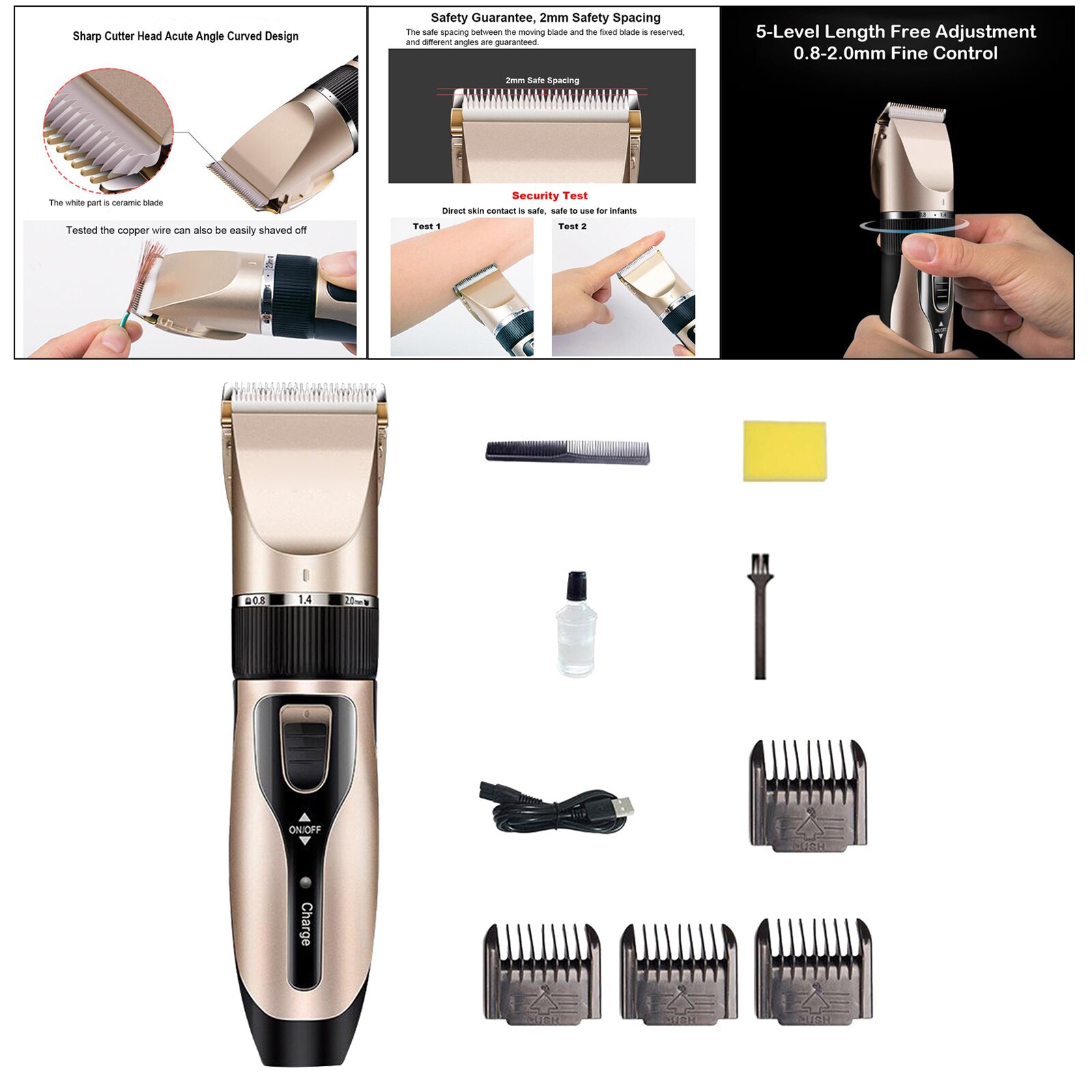 Tondeuse électrique USB à faible bruit pour barbe, Kit de coupe de cheveux avec tête en céramique