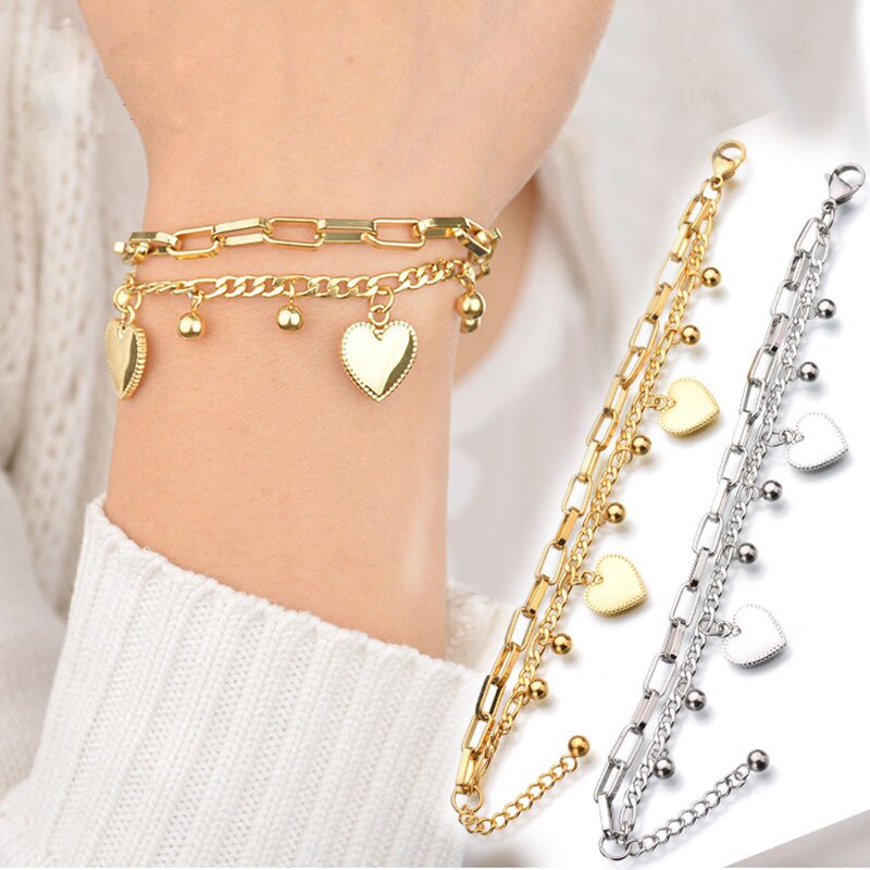 Multi-layer Stainless Steel Heart Round Beads Ladies Bracelet Love Ornaments Gold Silver Color Sweet Student Bracelet