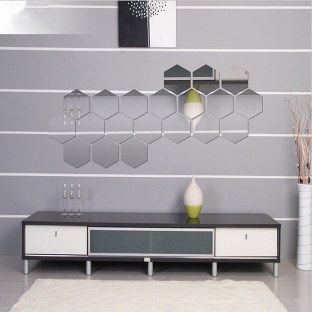 Clean DIY Acrylic Wall Stickers Friendly 3D Hexagon Removable Mirror Home Decor Art Stickers Cute Wall Stickers: Silver / M