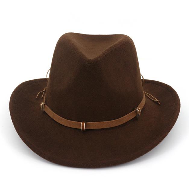 Læder dekoreret vestlig cowboy hat uldfilt jazz fedora hatte brede kant panama formel top cap sombreros til mænd kvinder: Kaffe