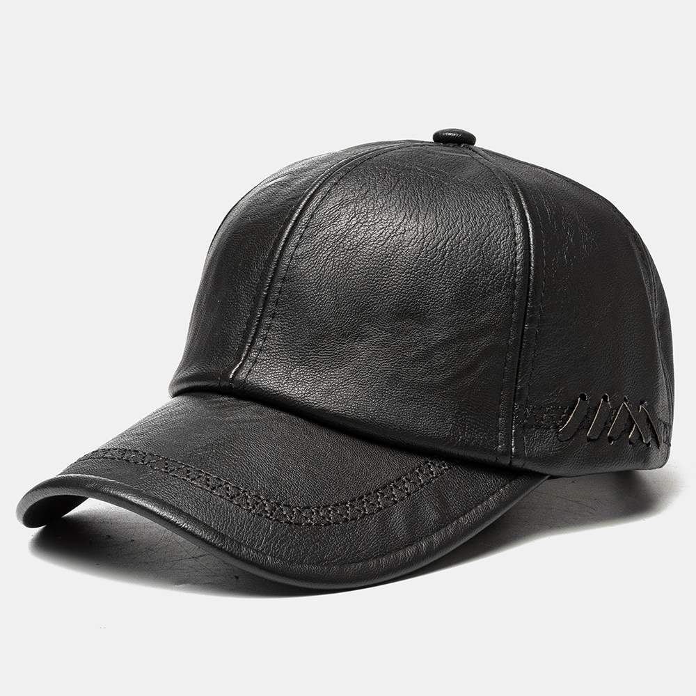 Justerbar forår vinter pu læder baseball caps til mænd solid pu læder herre kasket udendørs snapback hat sort brun vævet indretning: Sort