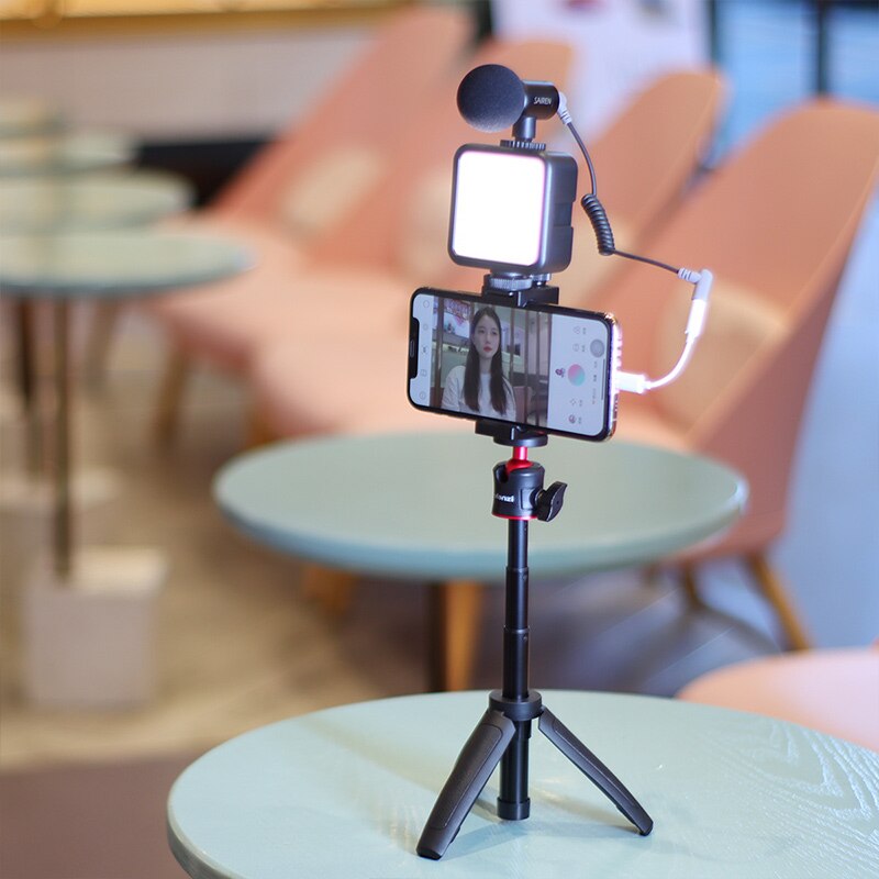 Smartphone vlog  vl49 mini led video lys stativ telefon holder til dslr kamera iphone 11 pro max vlog fotografering studie kit