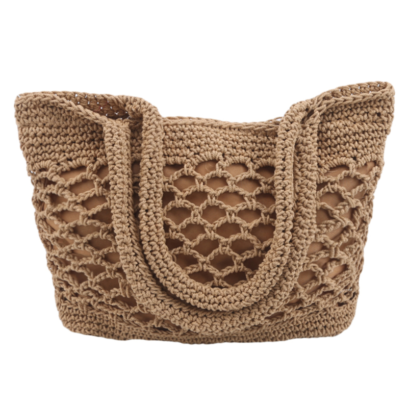 Handgefertigte quadratische tragetasche aus baumwollseil und stroh mit reißverschluss für damen, ideal für reisen und strand, gewebt, mit henkel, lässige strandtasche aus netzgewebe, hohl