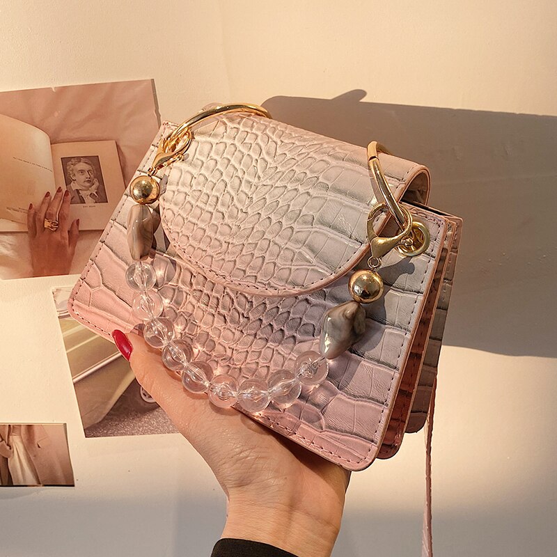 SWDF Crocodile pattern Small Tote bag Summer PU Leather Women's Handbag Gradient Shoulder Messenger Bag: Pink