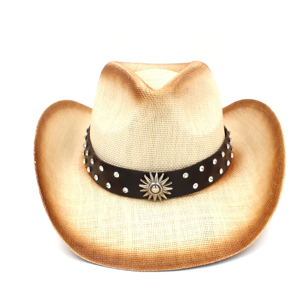 Kvinder halm cowboy hat med punk læderbånd til lady western sombrero hombre cowgirl jazz caps størrelse 58cm: C9 bcv
