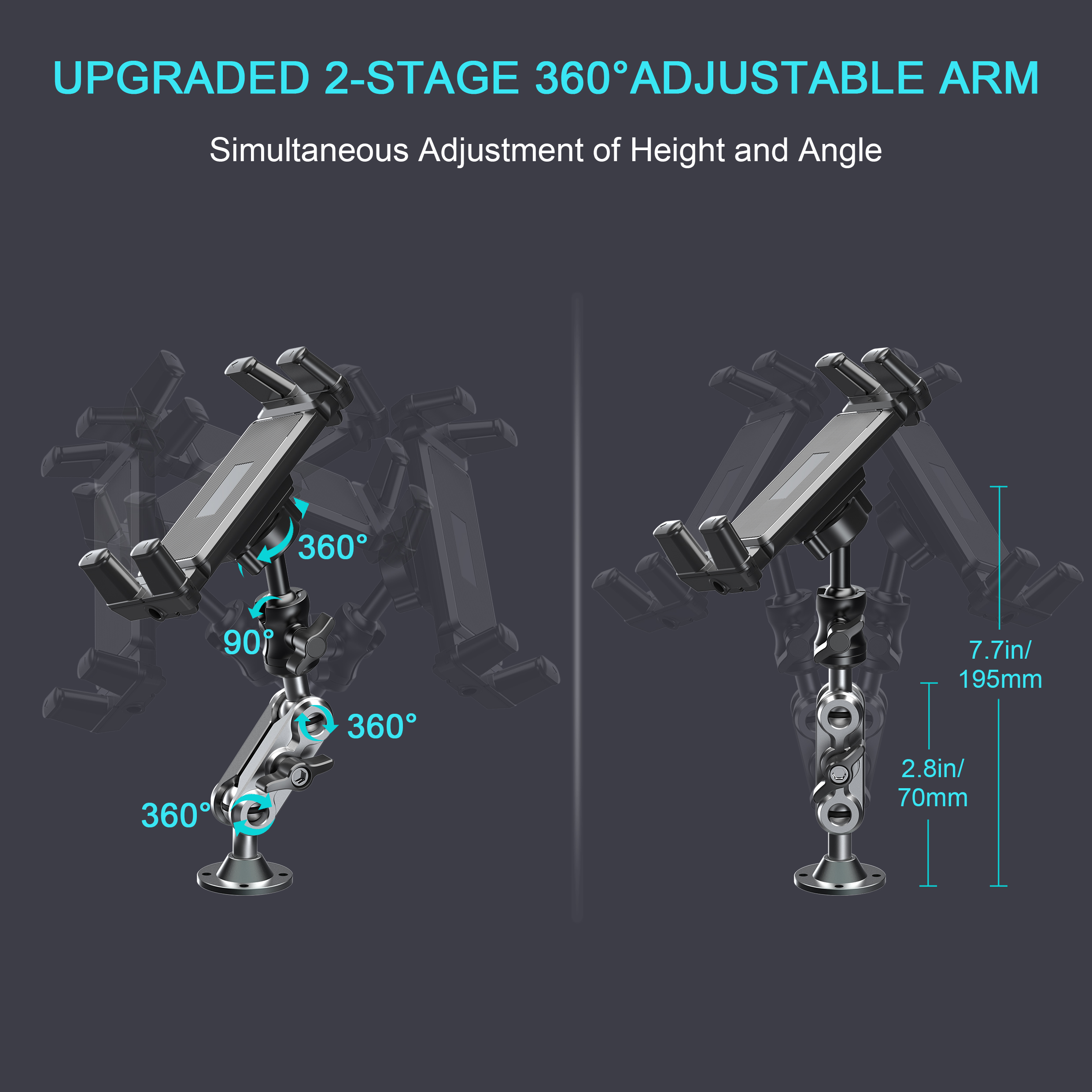 Hochleistungs-Bohrbasis aus Aluminium, Tablet-Halterung, Armaturenbrett für Autohalterung, 360° ° Verstellbarer 2-stufiger Ständer für 4,7–12,9 Zoll iPad