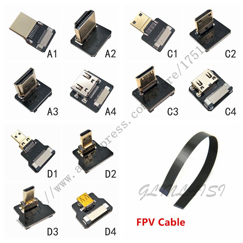 Fpv micro hdmi mini hdmi 90 graders adapter 5cm-100cm fpc bånd flat hdmi kabel pitch 20 pins pluggkontakt