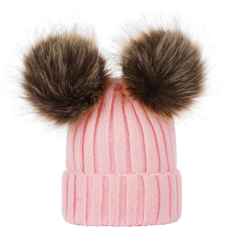 Leuke gebreide kinderen hoed met een sjaal dubbele bal faux fur hoeden sjaals set winter accessoires voor baby sjaal muts kids: 11
