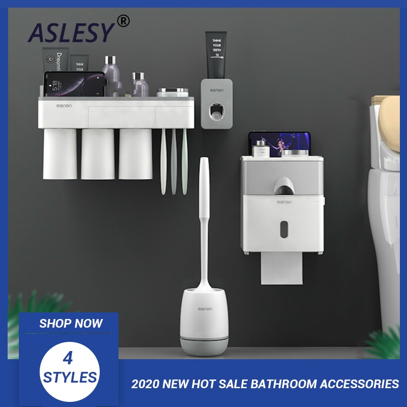 Toothbrush Holder Wall Mounted Automatic Toothpaste Dispenser Storage Rack Soft Toilet Brush Tissue Box Bathroom Accessories Set