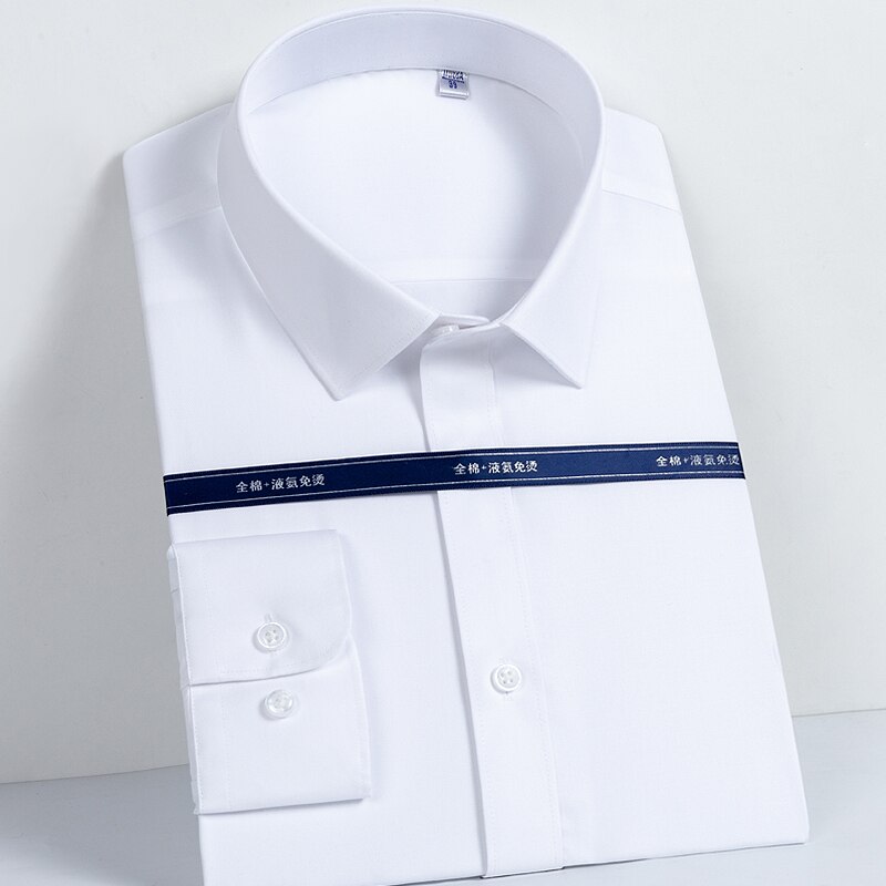 Men's 100% Cotton Non-iron Long Sleeve Solid Basic Dress Shirt Pocket-less Standard-fit Formal Business Classic Shirts