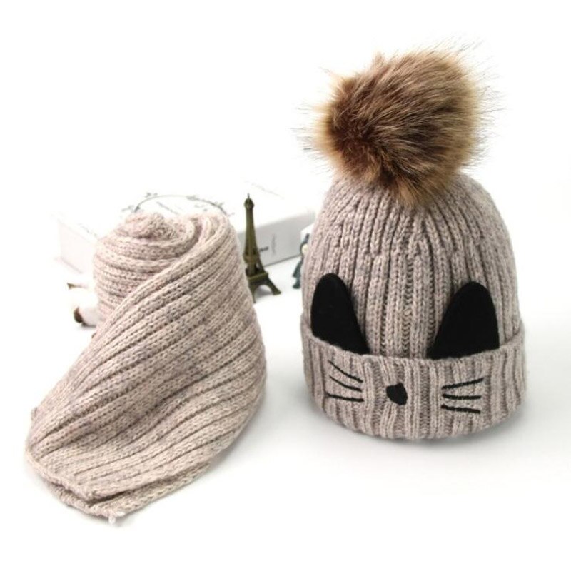 Karikatur katze hairball mützen setzt samt wolle freundlicher Art Gestrickte pelz hüte Winter pelz innen 2 stücke Baby mädchen schal Hütte einstellen: Beige