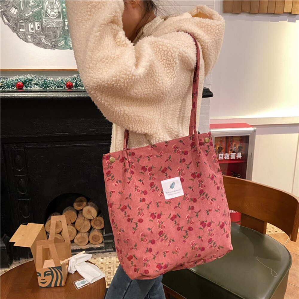 Borse da donna 2021 borsa a tracolla con bottone a pressione in velluto a coste borsa Shopping riutilizzabile di grande capacità borse da donna con fibbia letteraria: Pink-Rose