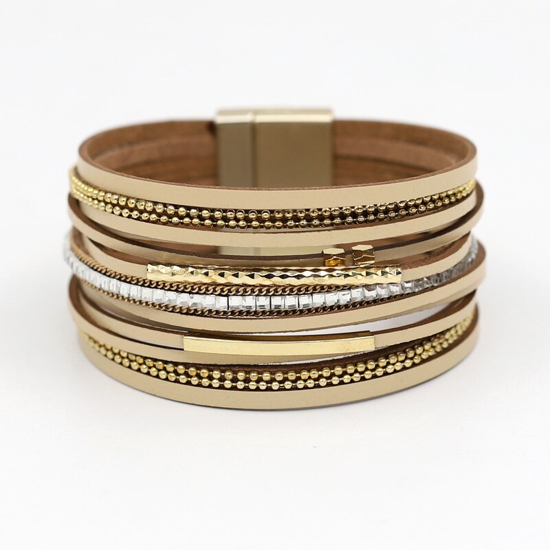 Women Bracelets Multi-layer Leather Rope Rhinestone Combination Metal Pipe Chain Bracelet Jewelry: B079f khaki