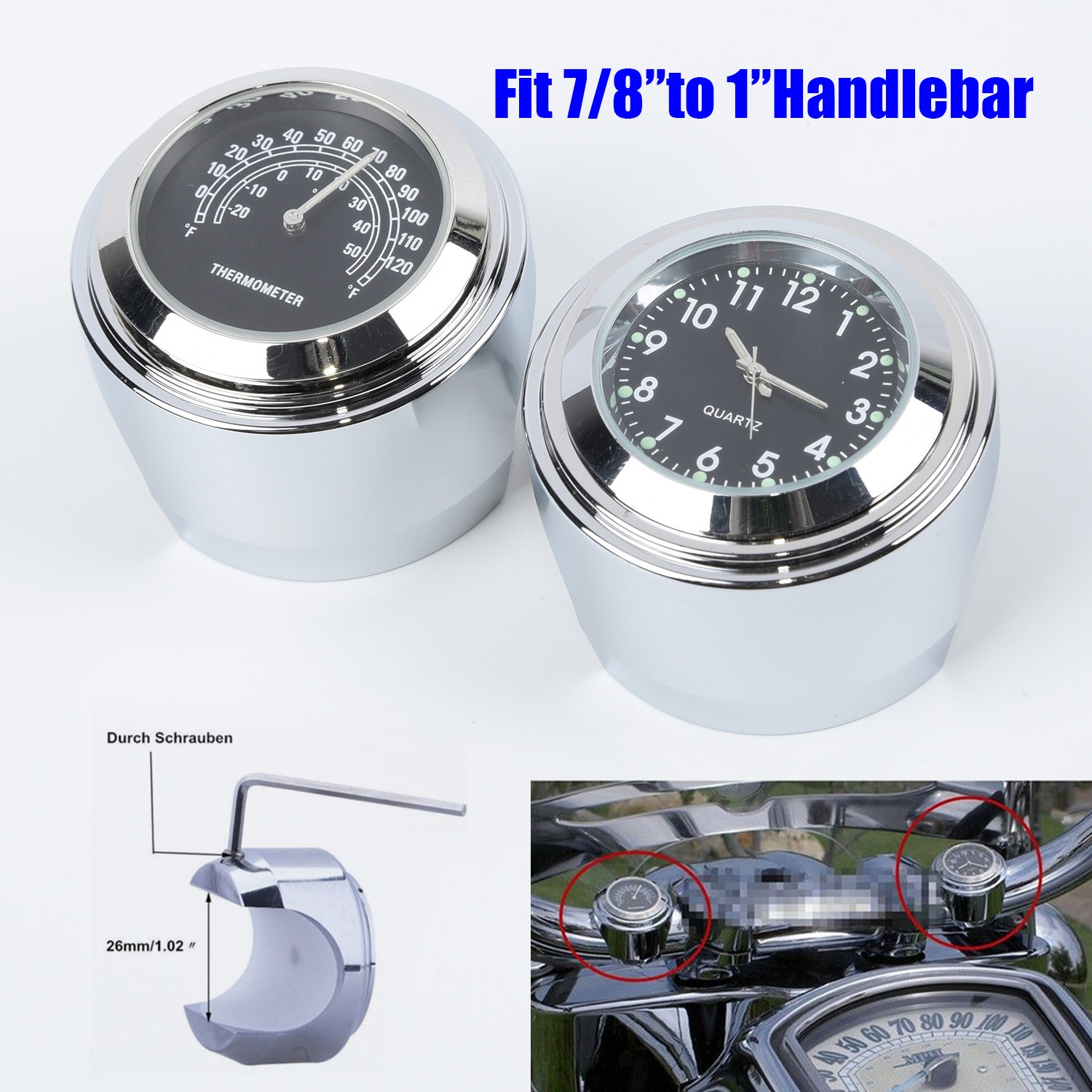 7/8 \ \ \ "/1 \ \ \" Thermometer Horloge Motorfiets Zilver + Zwart Shockproof Stuur Aluminium Temp
