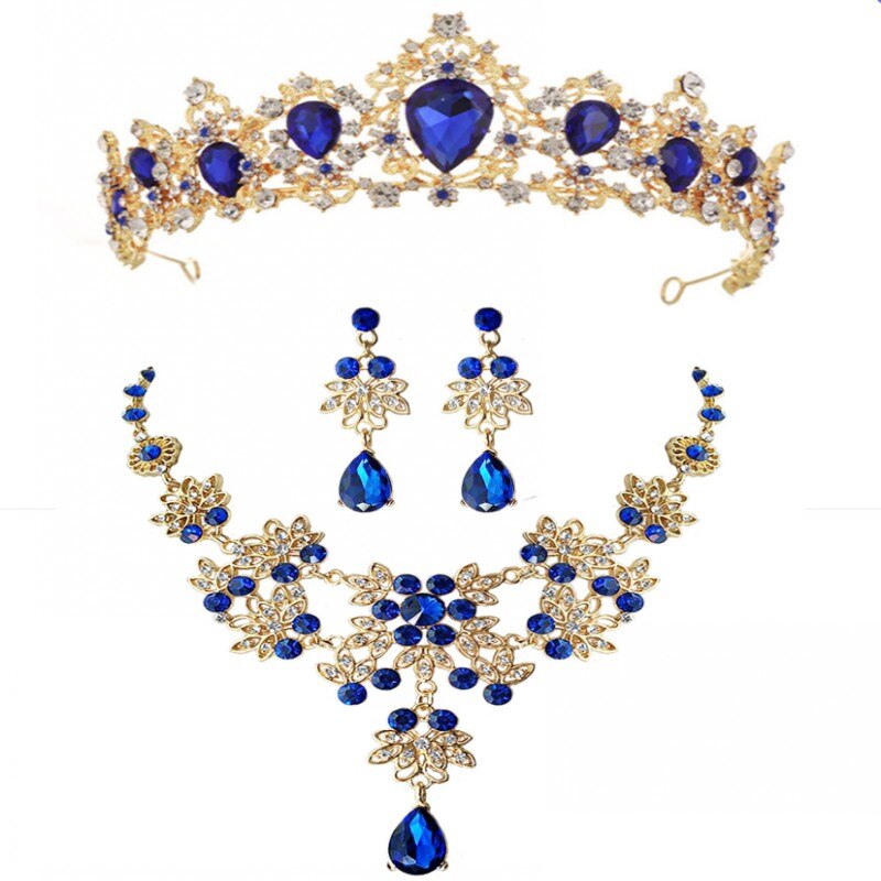 Barock vintage guld röd grön blå kristall brud smyckesset bröllop afrikanska pärlor smyckesset halsband örhängen tiara set: 3 st blå set