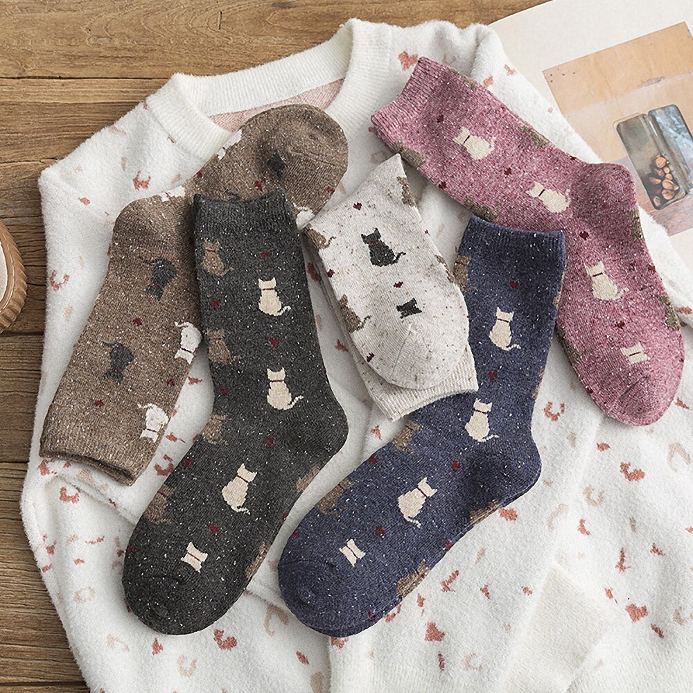 Calcetines con estampado de gato para mujer, medias de lana gruesa y suave con dibujos animados, accesorios de ropa cálidos para Otoño e Invierno