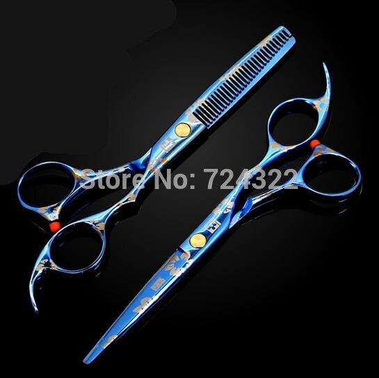 6.0 & 5.5 inch 440c blue hairdressing scissors shears Cutting & thinning barber hair scissors set