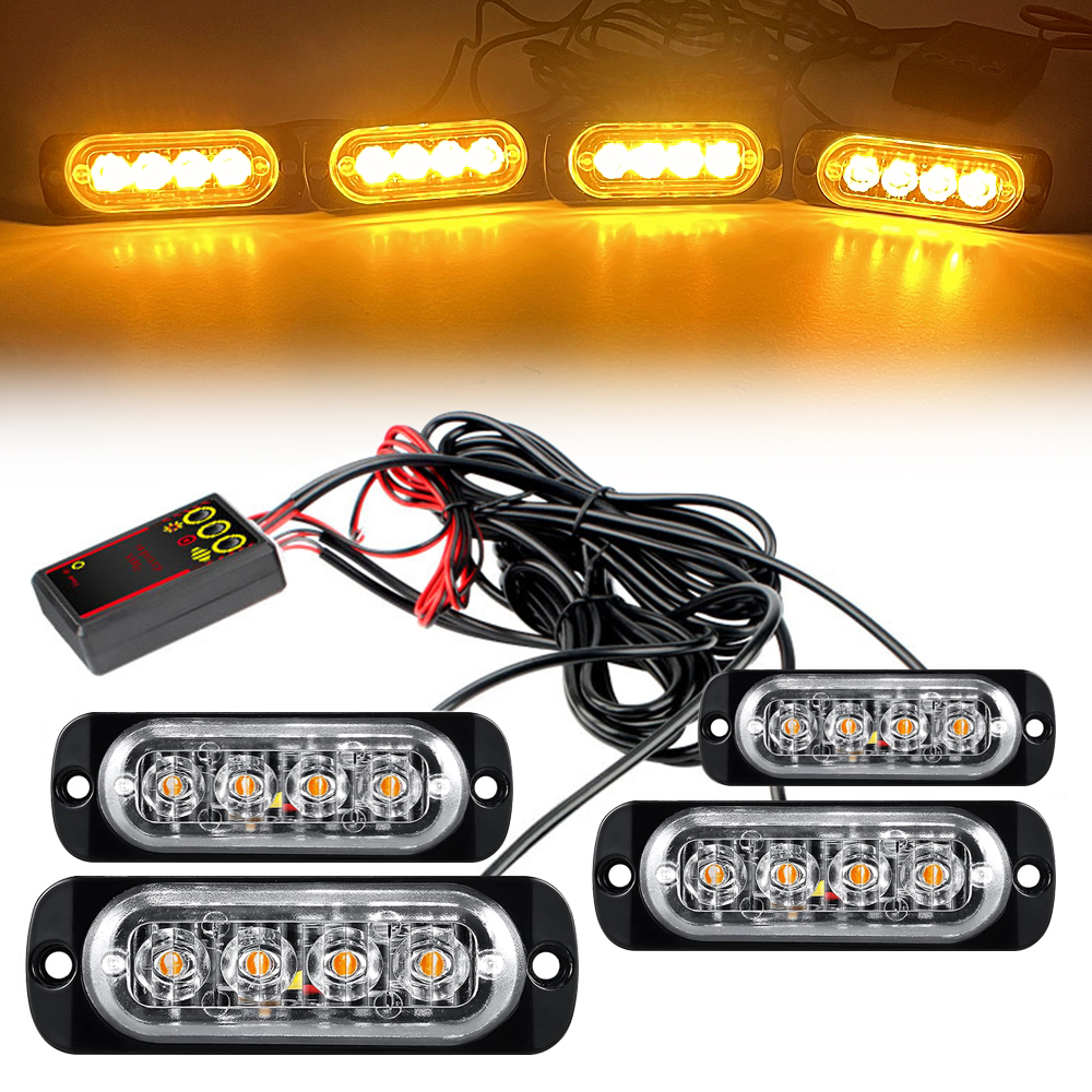 Luz LED para parrilla de coche 4 en 1, luces LED de advertencia intermitentes, barra, camión de bomberos, motocicleta, policía, lámpara de emergencia, lámpara para remolque SUV, 12/24V: Azul