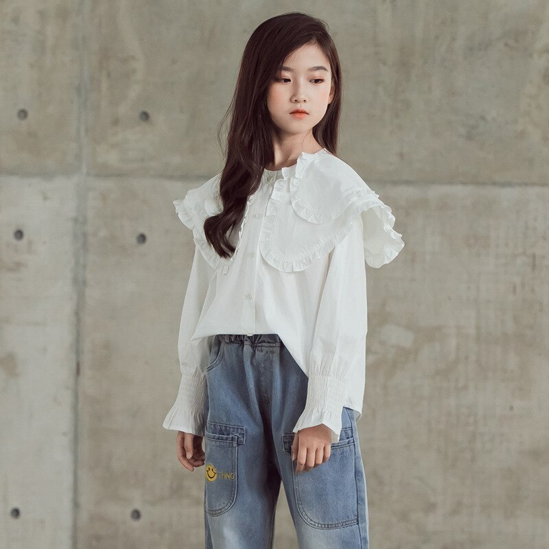 Girls Shirts Spring Autumn Children's Loose Tops Girls Lapel Long-sleeved Cotton Shirts Blouses Teen Tops