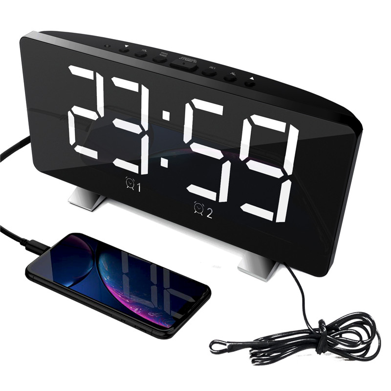 6 tums fm-radio väckarklocka stor led-skärm stöd för dubbla larm snooze tidsminnesfunktion med usb-laddningsport eu/us-kontakt