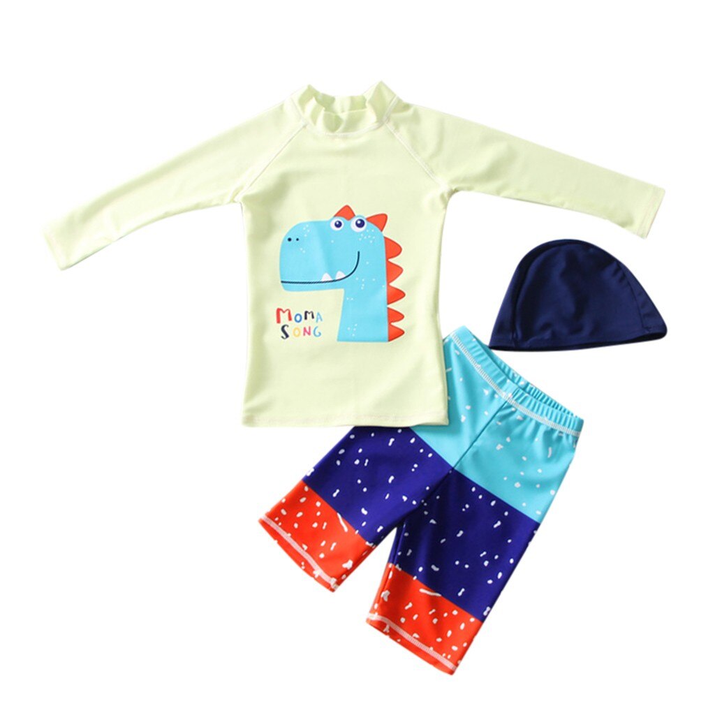 Baby Kids Jongen Cartoon Dinosaurus Print Badpak Tops Shorts En Hoed Zwemmen Set Zomer Strand Lange Mouw Koele badpak: 2 Years