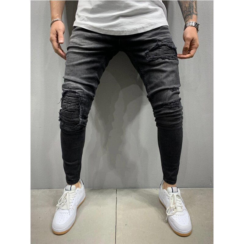 Dünne Zerrissene Jeans Männer lässig schlank passen Herren Falten Jeans Homme Motor- Radfahrer Hüfte hüpfen Denim Hosen Hosen Pantalones HEIßER: Schwarz / L