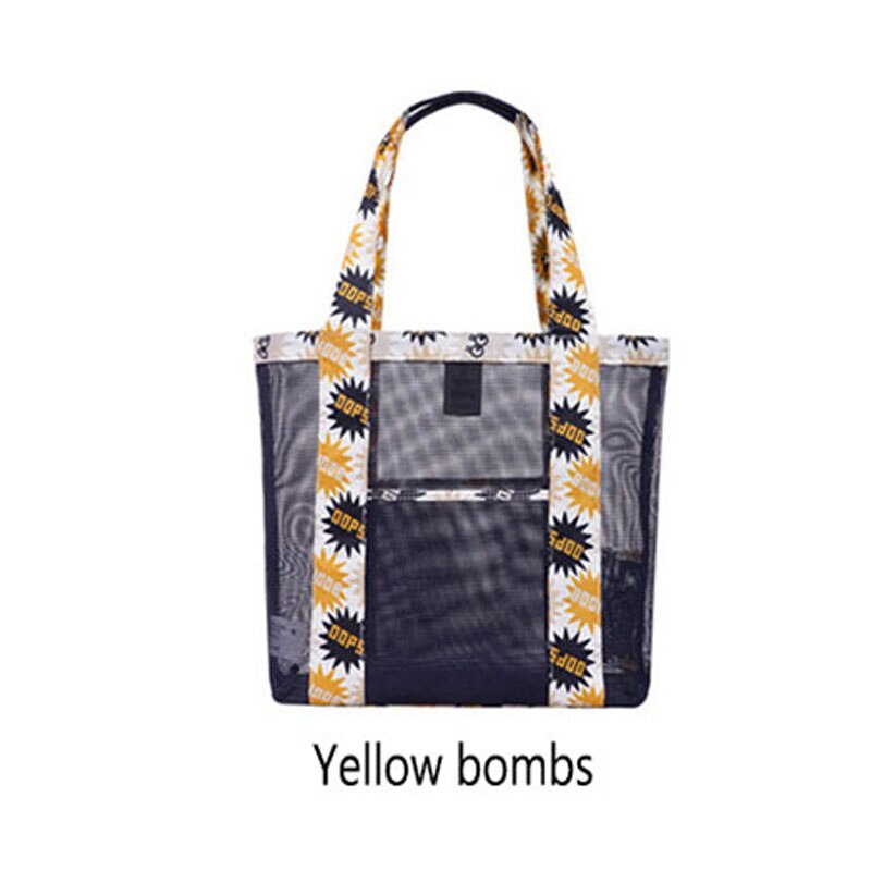 Casual Vrouwen Bloemen Grote Capaciteit Tote Polyester Schoudertas Boodschappentas Opengewerkte Mesh Strand Tassen Casual Tote Feminina: Yellow bombs