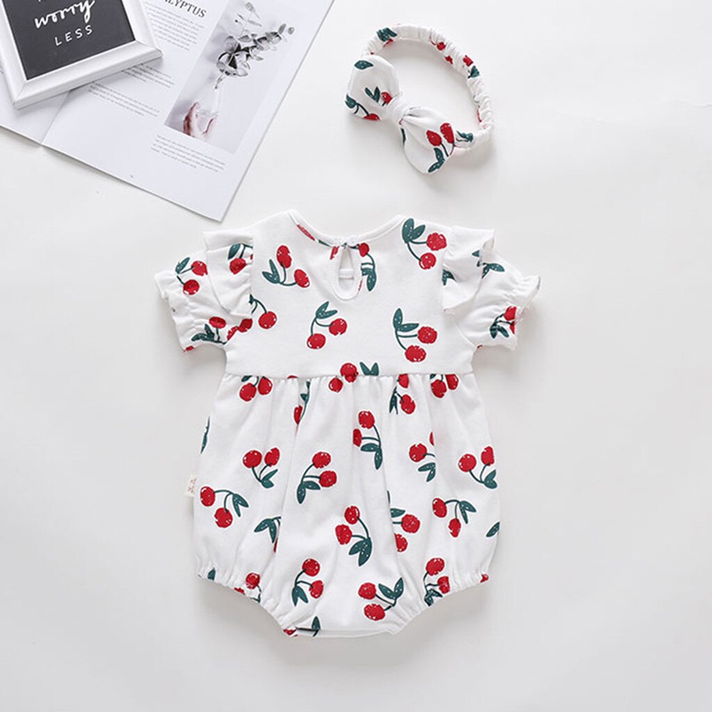 Body de manga corta con estampado de cereza para bebé, Pelele de princesa fruncido, mono con Estampado de cereza, diadema estampada, mamelucos para niño