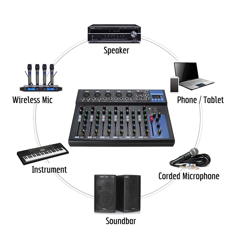 Bluetooth Portable Audio Mixer W/USB DJ Sound Mixing Console MP3 Jack 7 Channel Karaoke 48V Amplifier Karaoke(EU Plug)