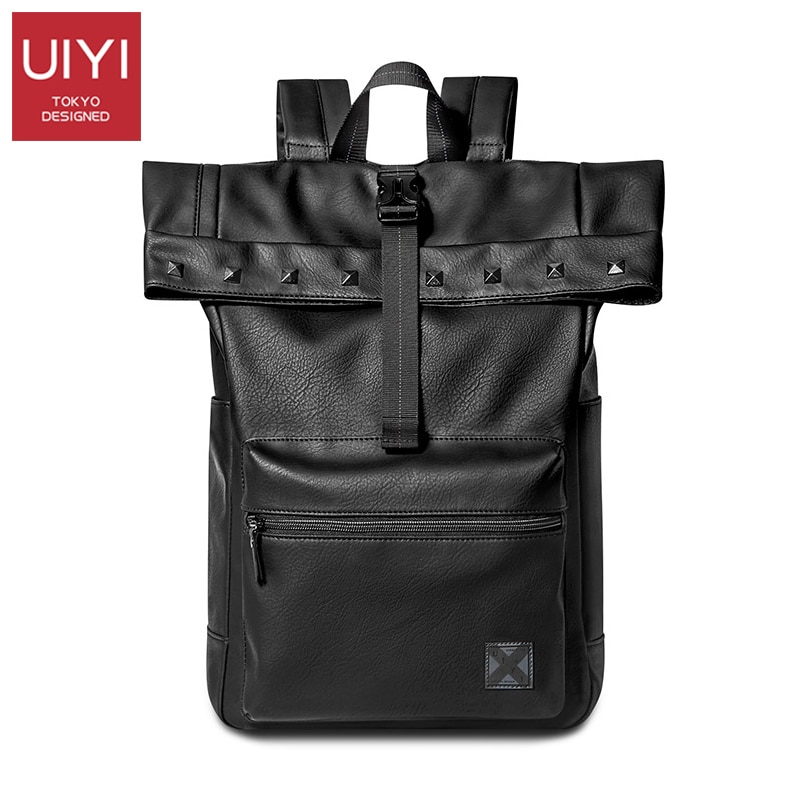 UIYI Men's Backpack PU Leather Korean Outdoor Travel Bag Large Capacity 14-inch Laptop Backpack Waterproof rivet school bag man