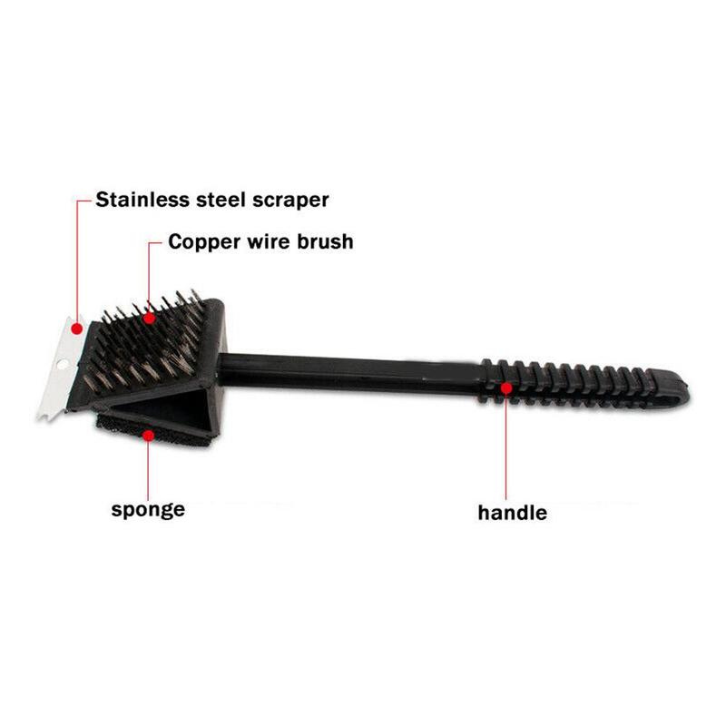 3 in 1 Corner Wire Brush Barbecue Grill Oven Handle Sponge Cleaning Long Shovel Cleaning Wire Brush BBQ S2R0