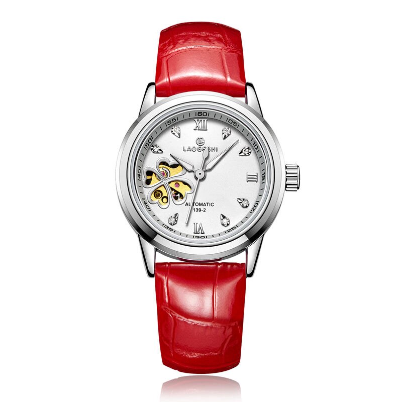 Vrouwen Automatische Mechanische Horloges Diamant Klavertje Vier Horloges Dames Rose Lederen Horloge Waterdicht Senhoras Assistir: Zilver