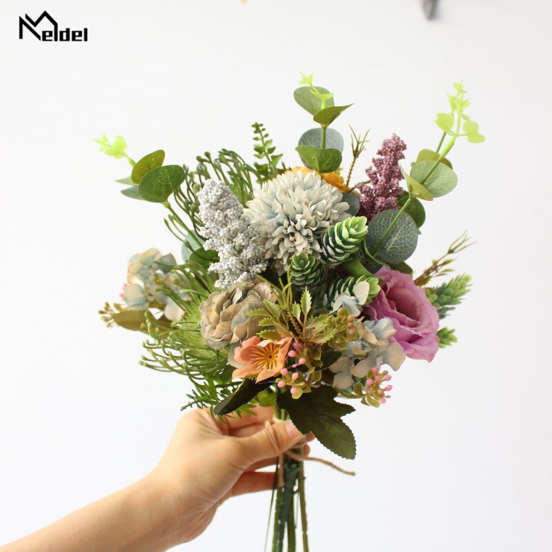 Meldel Boeket Bruid Bruiloft Bloem Boeket Kunstzijde Hortensia Lisianthus Pompon Vanille Eucalyptus Bladeren Bruiloft Bloem