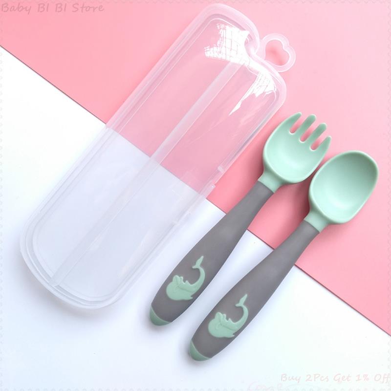 1 Set Baby Children Spoon Fork Set Soft Bendable Scoop Fork Kit Tableware Toddler Cartoon Training Feeding Cutlery